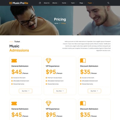 Pricing plans for music services and artist bookings on responsive layout