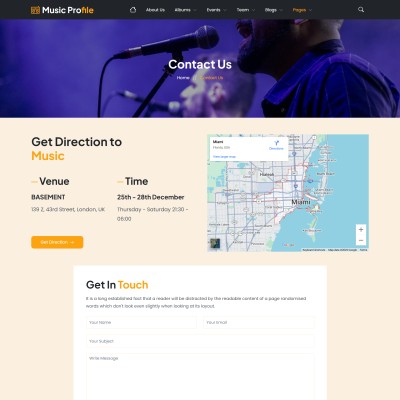 Contact form and location map for musician inquiries and bookings