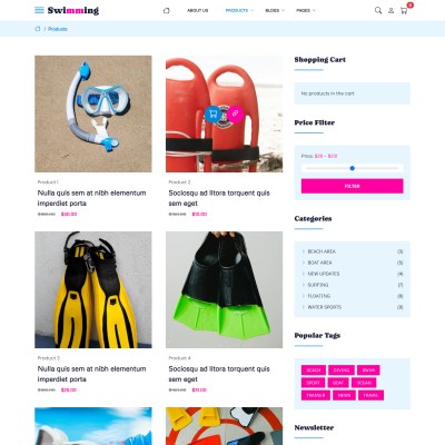 Responsive swimming template shop page preview showing items for sale