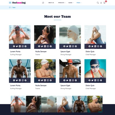 Swim academy website template teams page showcasing coaches and trainers