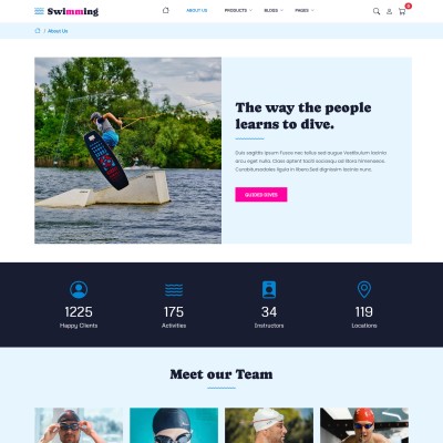 Swim club website about us page showing mission and coach profiles