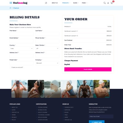 Swim club website checkout page preview showing user details and payment