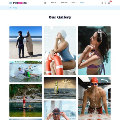 Modern swimming website template gallery section showcasing students and coaches