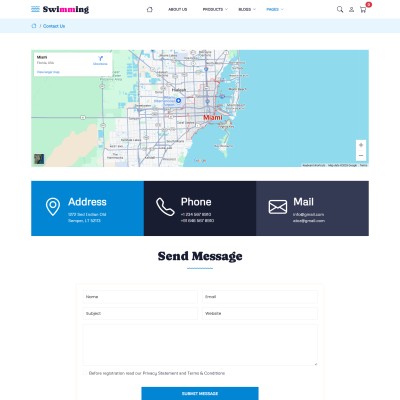 Swimming club website template contact page with form and details