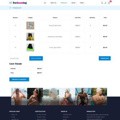 Responsive swimming school template cart page preview for eCommerce