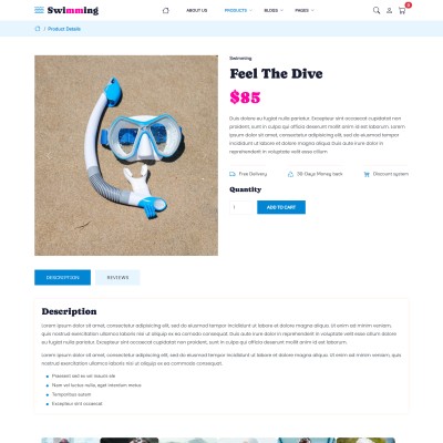 Swimming product details page with item description and price