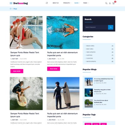 Watersports website blog listing page with titles and summaries
