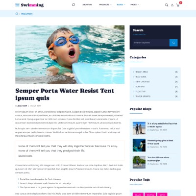 Watersports blog details page showing text, images, and comments section