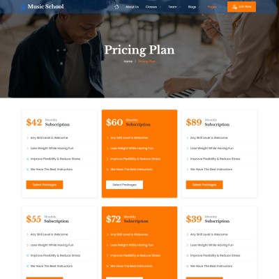 Music school pricing plans for lessons and courses displayed in a responsive layout