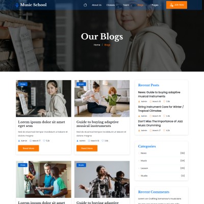 Responsive blog layout showcasing music education tips and news