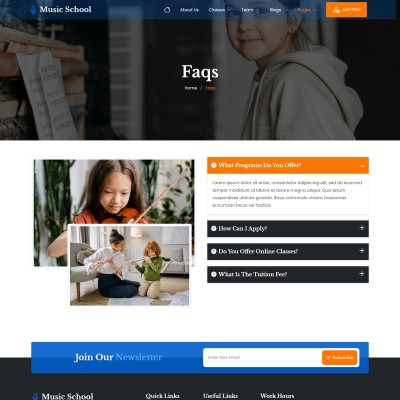 Music school common inquiries page layout with clean design using accordion-style questions and answers