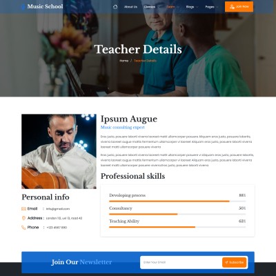 Individual music teacher profile with biography and skills