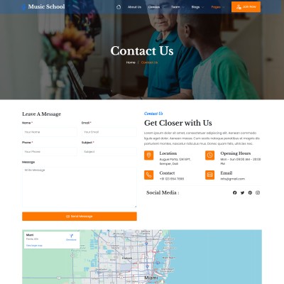 Contact form for student inquiries, location map, and enrollment questions