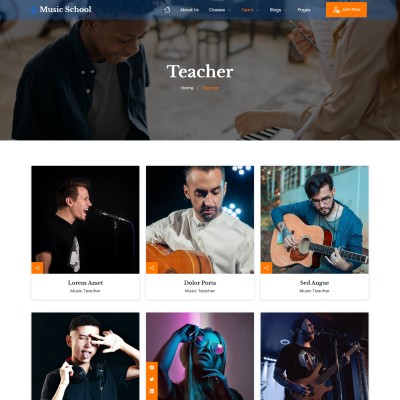 Team members grid layout displaying music teachers and their expertise