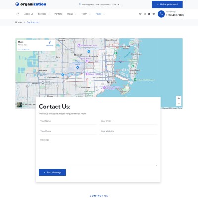Organization contact details with location and inquiry form