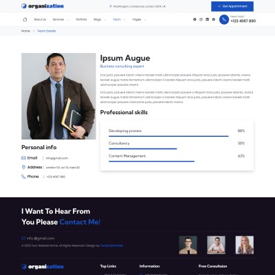 Organization top level team details with expertise and experience
