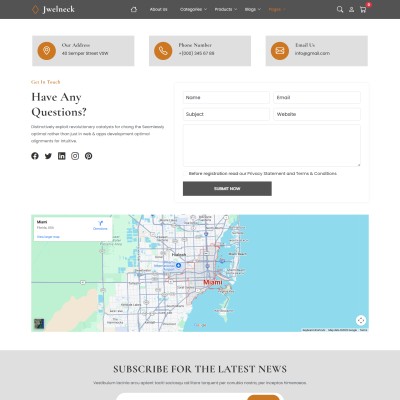 Get in touch page for jewellery business website featuring contact form and map