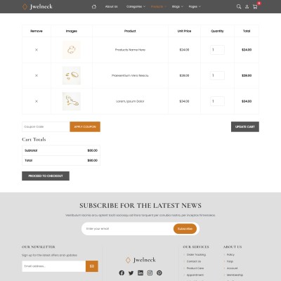 Online jewellery store shopping cart preview with update and checkout buttons