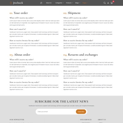 Online jewellery website frequently asked questions page with support details