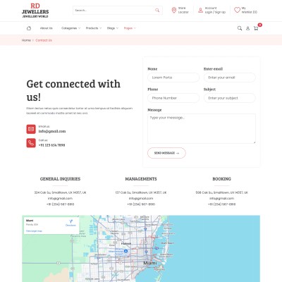 Get in touch page for jewelry store website featuring customer support form