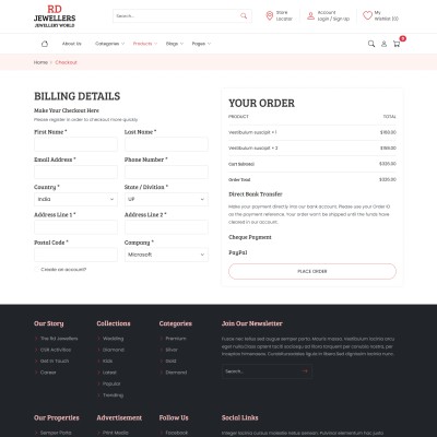 Jewelry eCommerce template checkout page with billing, shipping, and payment form