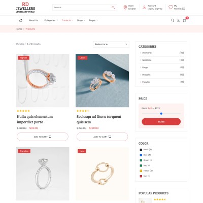 Online jewelry store product listing page with elegant grid layout and category sorting