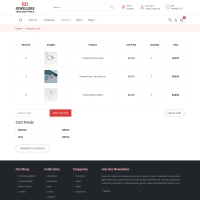 Jewelry website shopping cart preview showing selected products and total price summary