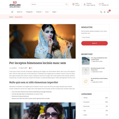 Detailed blog post page in jewelry website template showing jewelry care and design tips