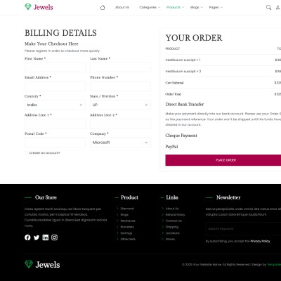 Jewelry eCommerce website template checkout page with billing and payment details