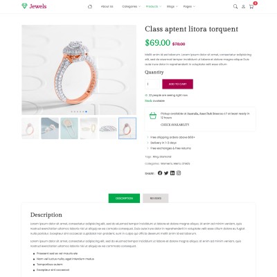 Jewelry selling website template product details page showing item description and add to cart button
