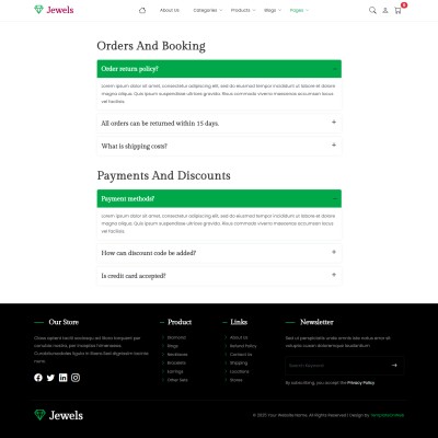 Jewelry selling website template FAQs page with common customer questions and answers