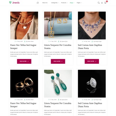 Modern jewelry store template blog page with image thumbnails and article previews
