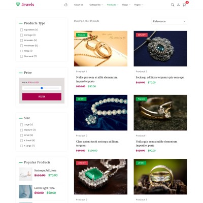 Jewelry eCommerce website template product listing page with rings, necklaces, and earrings