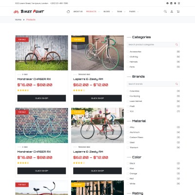 Product listings for various bicycle models and accessories