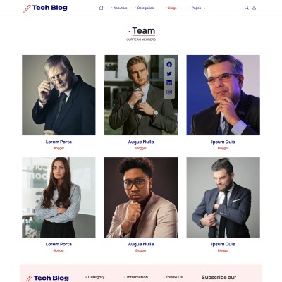 Authors list page showing developer profiles and bios
