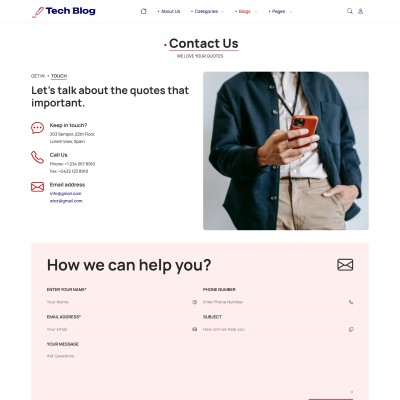 Contact us page with email, phone, and social media links for technical blog