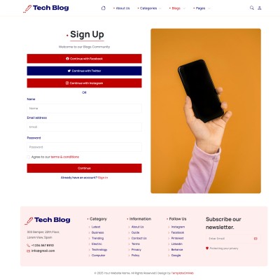 Clean sign-up page layout with name, email, and password fields
