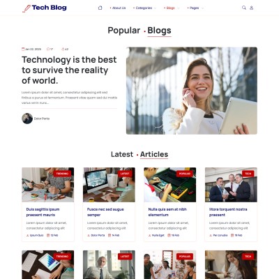 Clean list of technical blog posts with featured images and excerpts