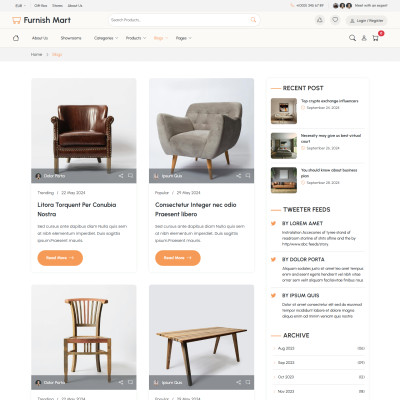 Furniture blog page showcasing home furnishing articles, decorating ideas, and furniture trends