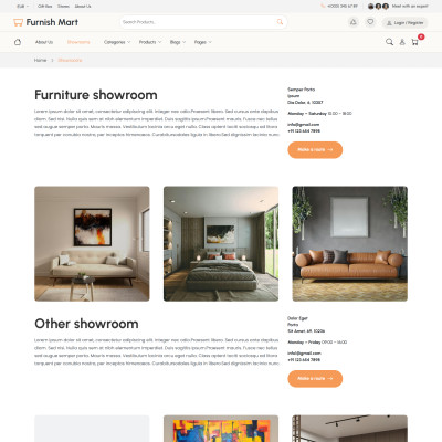 Furniture showroom page showcasing modern furniture collections, store locations, interior displays, and premium home furnishing solutions