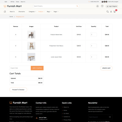 Online furniture store cart page displaying selected furniture items and checkout options