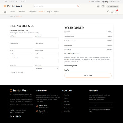 Responsive furniture website checkout page with shipping address and purchase confirmation options
