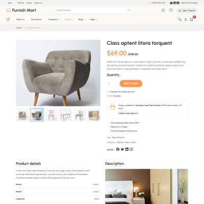 Modern furniture product page featuring product description, specifications, and purchase options