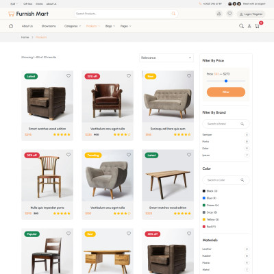 Furniture shop category section displaying premium furniture and home décor collections