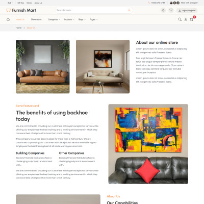 Online furniture shop About Us section highlighting brand values, premium materials, and customer satisfaction