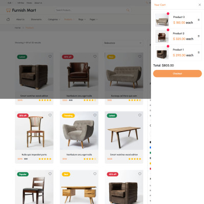 Responsive furniture website mini cart featuring selected products and instant checkout access