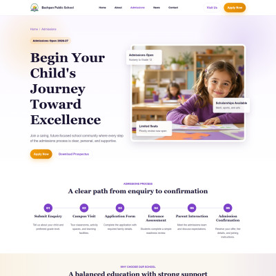 Professional school admissions page layout for responsive education website template
