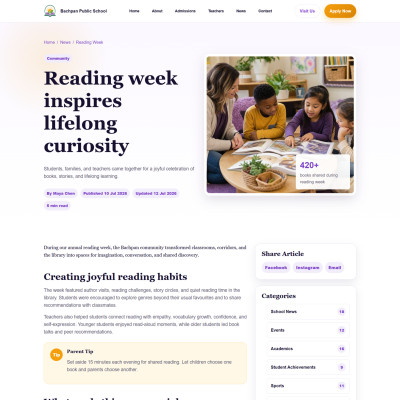 Single blog article page layout for school website HTML template