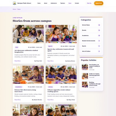 School news and blog listing page design for responsive education HTML template