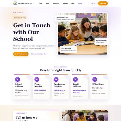 Modern contact page design for school admissions and education website template